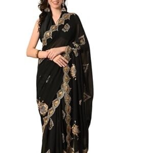 THE WEAVERS SHOP BY RAAVI Pure Georgette Black Saree With Attached Blouse Piece