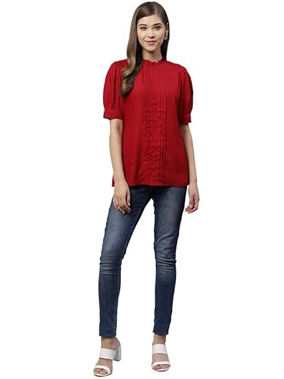 Yash Gallery Women's Rayon Dobby Solid Straight Half Puff Sleeve High Neck Casual Regular Fit Top - Image 3
