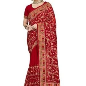 Manu Fashion Era Womens Georgette Red Kashmiri Resham Embroidered Saree Sari With Unstitch Blouse Piece