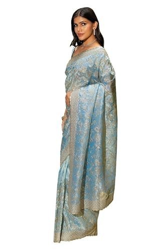 Soch Womens Powder Blue Organza Embroidered Saree