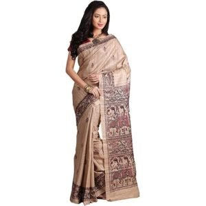 RACHBAI Womens Tussar Ghicha Madhubani Printed Pure Silk Saree