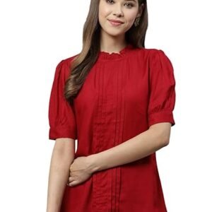 Yash Gallery Women's Rayon Dobby Solid Straight Half Puff Sleeve High Neck Casual Regular Fit Top