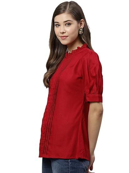 Yash Gallery Women's Rayon Dobby Solid Straight Half Puff Sleeve High Neck Casual Regular Fit Top - Image 4