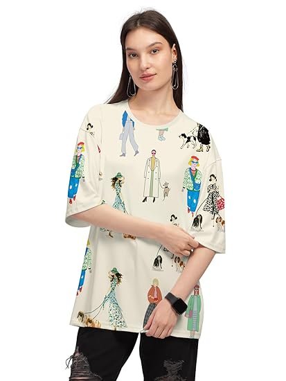 HELLCAT Beige Trendy Printed Oversized T-Shirt for Women
