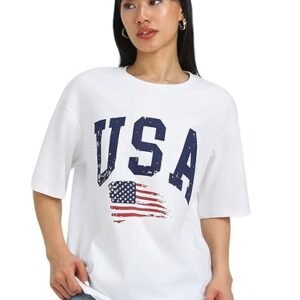 JUNEBERRY® Round Neck Drop Shoulder Round Neck Black & White Graphic Printed Pure Cotton Oversized Baggy Fit Half Sleeve T-Shirt for Women & Girls (Sizes: S to 2XL)