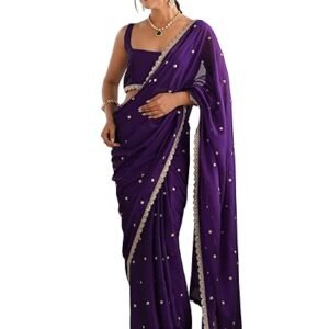 AKHILAM Women's Pure Georgette Embroidered Saree With Unstitched Blouse Piece