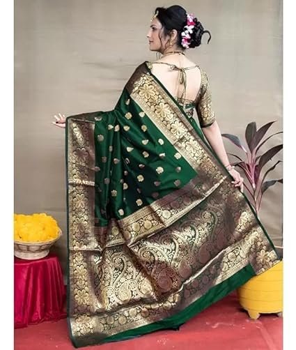 C J Enterprise Women's Pure Kanjivaram Silk Saree Soft Banarasi Style Wedding With Blouse Piece - Image 5