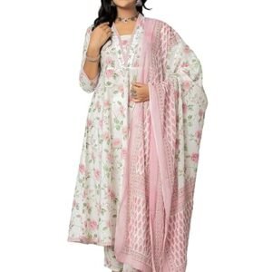 Amayra Women's Cotton Printed Anarkali Kurta with Palazzo Pants and Dupatta