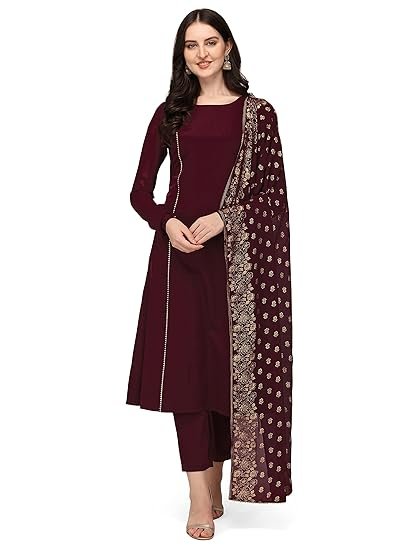 FIORRA Women's Maroon Poly Crepe A-Line Kurta Set With Dupatta - Image 3