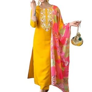 Naixa Women's Rayon Embroidered Straight Kurta with Pant and Dupatta (Available in Plus Size)