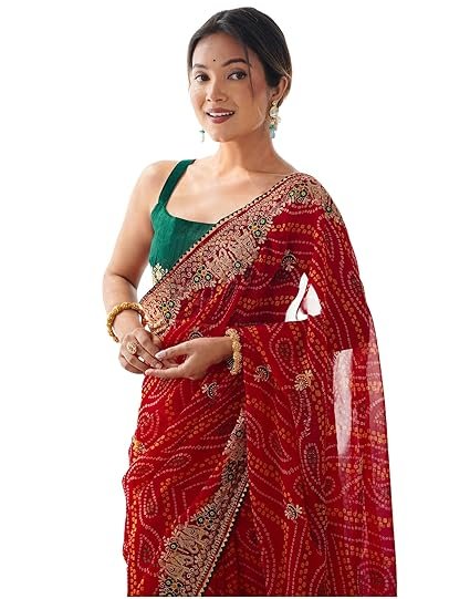SIRIL Women's Georgette Bandhani Printed Sequence Embroidery Lace Saree With Unstitched Blouse Piece