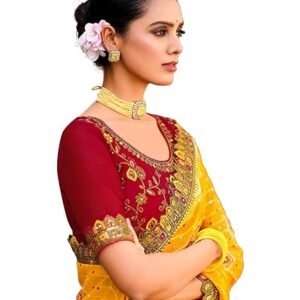 Women's Bandhani Printed Georgette Sequence Lace Scalloped Border Saree with Unstitched Blouse Piece