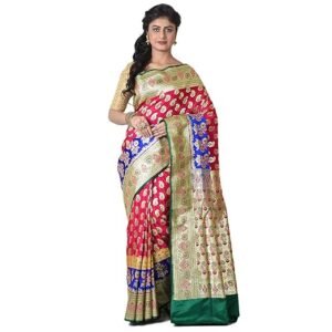 Aishani Collection Woven Pure Katan Silk Minakari Banarasi Wedding Saree with bp (Pink, Blue)