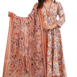 PARTHVI Women's Printed Cotton Anarkali Kurta & Pant With Dupatta Set