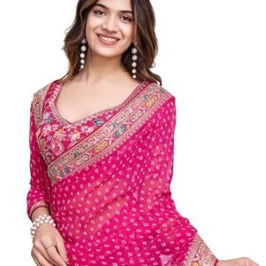 Ekasya Women Georgette Pink Geometric Pattern Printed Embroidery Saree with Unstitched Blouse (E6253_1) - Elegant and Intricate Embroidery
