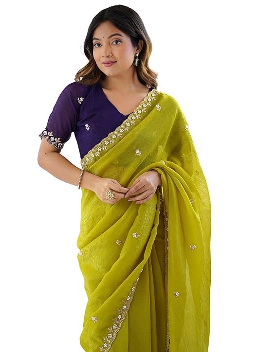 SIRIA Women's Shimmer Chiffon Sequence Embroidery Saree With Unstitched Blouse Piece