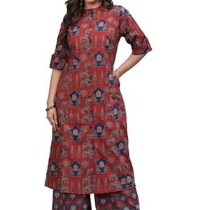 rytras Women's Pure Cotton Printed A-Line Kurta Set with Palazzo Pants - Ethnic Wear, Maroon