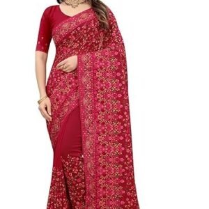 Manu Fashion Era Women Maroon Kashmiri Resham Work Georgette Saree With Matching Blouse Piece