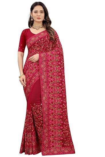Manu Fashion Era Women Maroon Kashmiri Resham Work Georgette Saree With Matching Blouse Piece