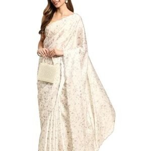MOHEY Cream Satin Mirror Embroidered Saree for Women