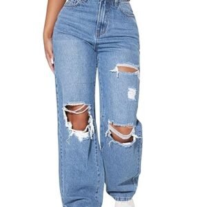 MULVARI Solid High Waist Ripped Straight Leg Pant & Trouser for Women's & Girl's