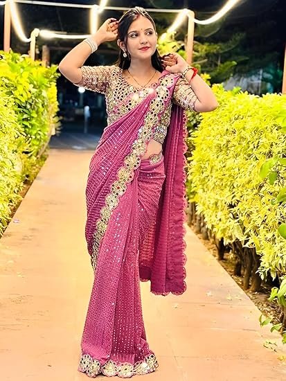 SIRIL Women's Georgette Sequence Embroidery Mirror Work Saree with Unstitched Blouse Piece - Image 4