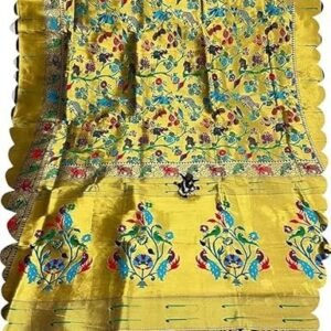 Veglari Women's Kanjivaram Pure Golden And Copper Original Hand Weving Paithani Silk Sarees