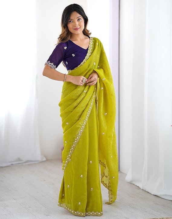 SIRIA Women's Shimmer Chiffon Sequence Embroidery Saree With Unstitched Blouse Piece - Image 4