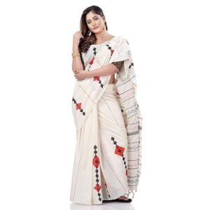 dB DESH BIDESH Women’s Pure Cotton Handloom Bengali Khesh Malmal Saree with Unstitched Blouse