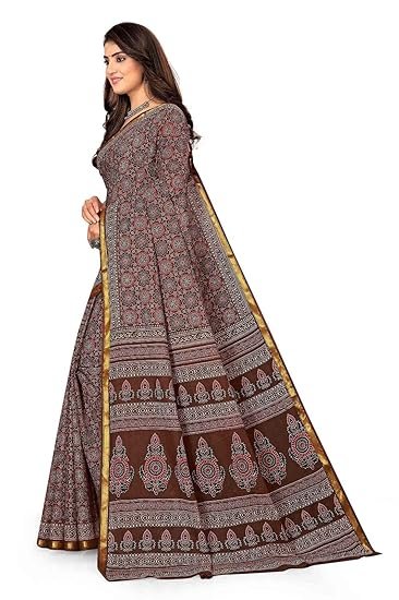 SK SAREES Women's Printed cotton saree with unstitched blouse piece | Ajrakh Printed Saree | Pure Cotton Mul Mul Printed Saree | Zari Border with Blouse Piece | 100% Cotton Saree (Brown) - Image 3