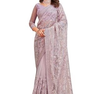TRENDS Women's Net Sequin Embroidery Zarkan Work Saree with Unstitch Blouse Piece