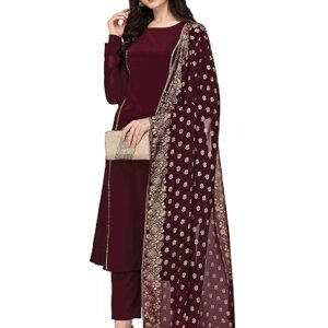 FIORRA Women's Maroon Poly Crepe A-Line Kurta Set With Dupatta