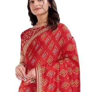 kasya Women Vichitra Silk Diamond Bandhani Pattern Embroidery Work Saree