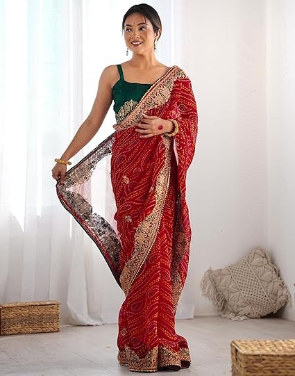 SIRIL Women's Georgette Bandhani Printed Sequence Embroidery Lace Saree With Unstitched Blouse Piece - Image 4