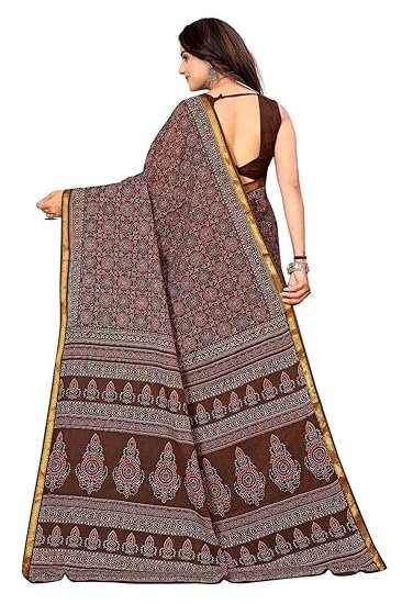 SK SAREES Women's Printed cotton saree with unstitched blouse piece | Ajrakh Printed Saree | Pure Cotton Mul Mul Printed Saree | Zari Border with Blouse Piece | 100% Cotton Saree (Brown) - Image 4