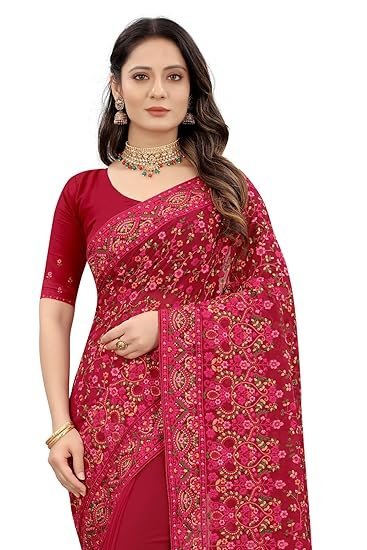 Manu Fashion Era Women Maroon Kashmiri Resham Work Georgette Saree With Matching Blouse Piece - Image 4