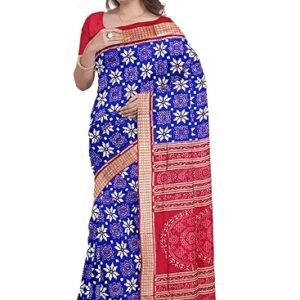 OdiKala Sambalpuri Silk Saree with Blouse Piece, Blue Base with Flower Design, Red Pallu and Border