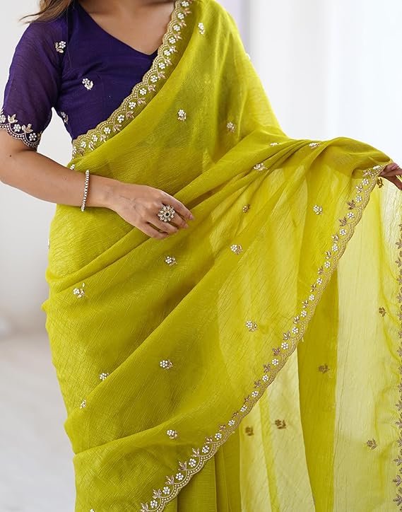 SIRIA Women's Shimmer Chiffon Sequence Embroidery Saree With Unstitched Blouse Piece - Image 2