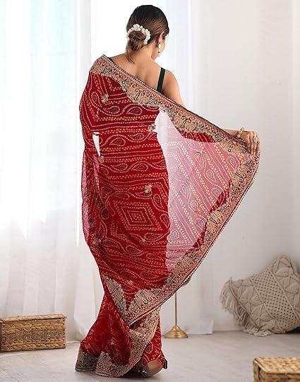 SIRIL Women's Georgette Bandhani Printed Sequence Embroidery Lace Saree With Unstitched Blouse Piece - Image 5