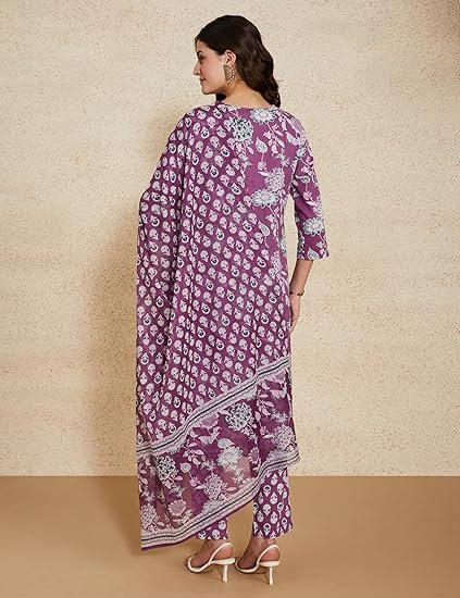 Amazon Brand - Myx Women's Blend Regular Cotton Rich Printed Kurta Pant Set with Dupatta - Image 3
