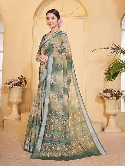 Garden Vareli Abstract Digital Print Linen Look Saree With Unstitched Blouse Piece