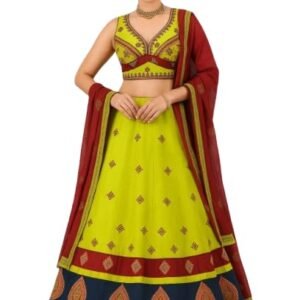 ZANKAR CREATION Women’s Lime Green & Maroon Cotton Lehenga Choli with Dupatta | Traditional Sleeveless Blouse | Ethnic Party & navratri, Festival look