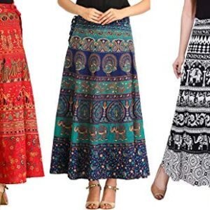 Outer Wear Women Printed Cotton Multi Color Wrap Around Long Skirts Combo of 3 (Assorted Colour Blue, Black, Orange)