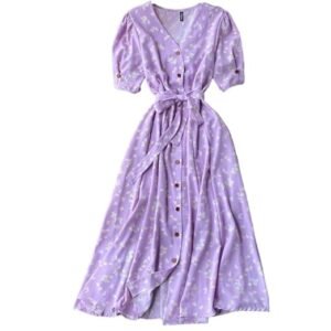 Gufrina Dresses for Women Half Sleeve || Floral Print || V-Neck and Puff Sleeves || Front Open Button & Tie-Up || Midi Dress