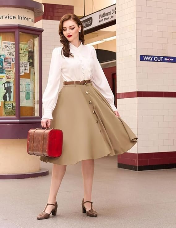 Janak 'n' Masaaya A-Line Button Front Midi Skirt with Brown Belt, High Waist - Image 4