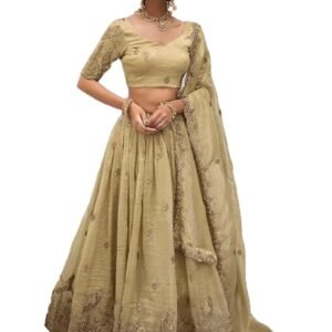 JIHU CULTURE Beige Silk Thread Sequence Embroidery Work Semi-Sttiched Lehenga Choli Set For Women