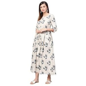 idaLia Designer Dresses for Women - Floral Printed Cotton A-Line Dress with Pockets - Women Dresses - 3/4 Sleeve, Round Neck, Flared Hem, Fusion Dress
