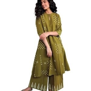 GoSriKi Women's Cotton Kurta Palazzo Set | A-Line Flared Kurta Set for Women | Bandhani Block Print Suit Set | Kurta Sets for Woman