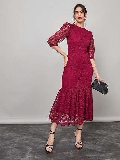 Styli Women Self Design Lace Bodycon Midi Dress | Elegant One Piece Dress for Women | Stylish Outfit for Party, Casual & Everyday Wear - Image 3