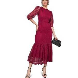 Styli Women Self Design Lace Bodycon Midi Dress | Elegant One Piece Dress for Women | Stylish Outfit for Party, Casual & Everyday Wear